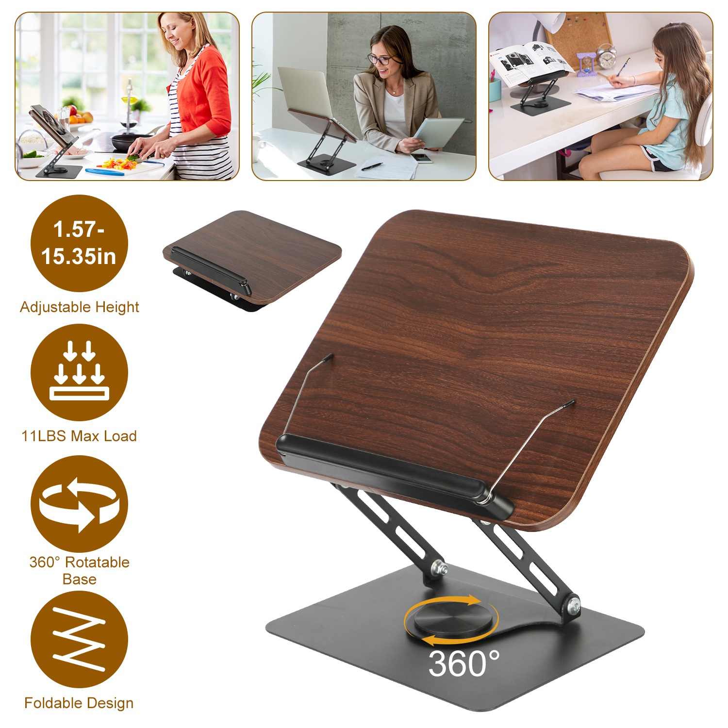 1Pc Book Stand For Reading Foldable Wood Book Holder Reading Rack Paper Stand With Adjustable Height 360 Degree Rotatable Base Dual Paper Clips For Book Sheet Music Laptop Drawing Tablet