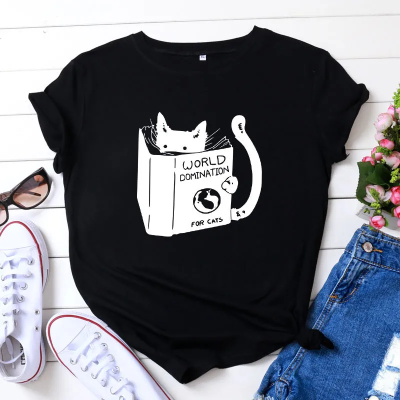 Women's Cotton Reading Cat Print Loose Round Neck T-shirt - Black