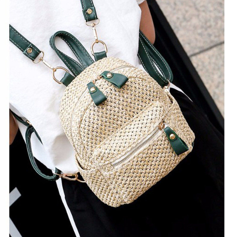 Title 4, Straw Woven Backpack Small Hollow Solid Color