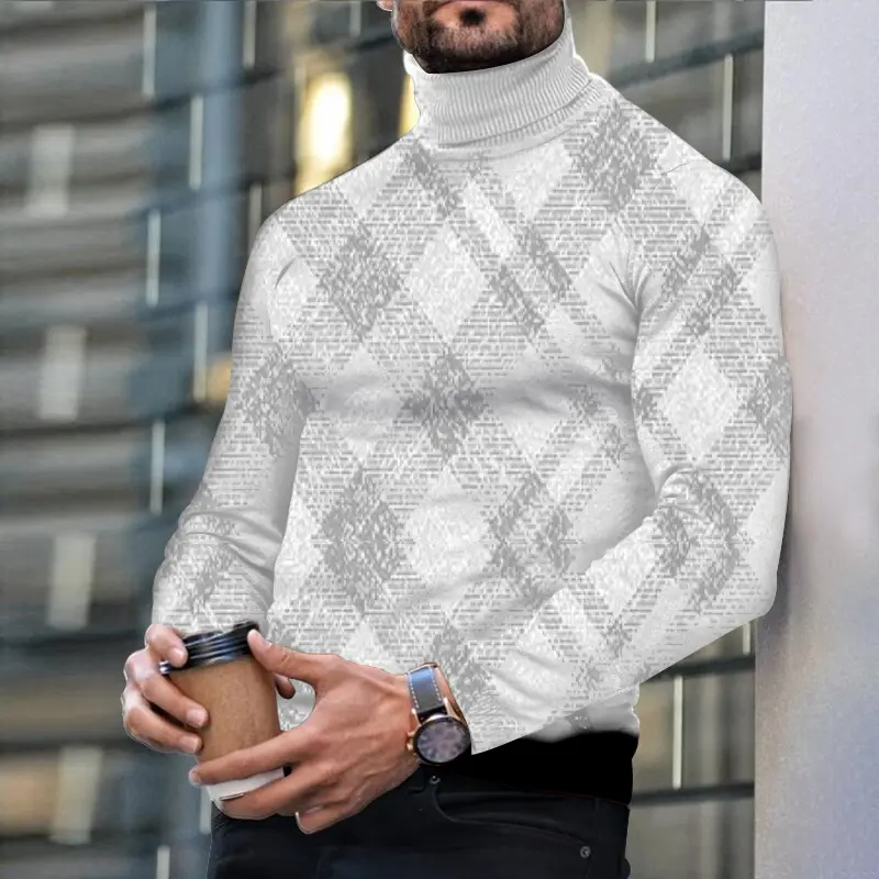 Autumn Winter Men's Long Sleeve Turtleneck T Shirt Printed Casual Top