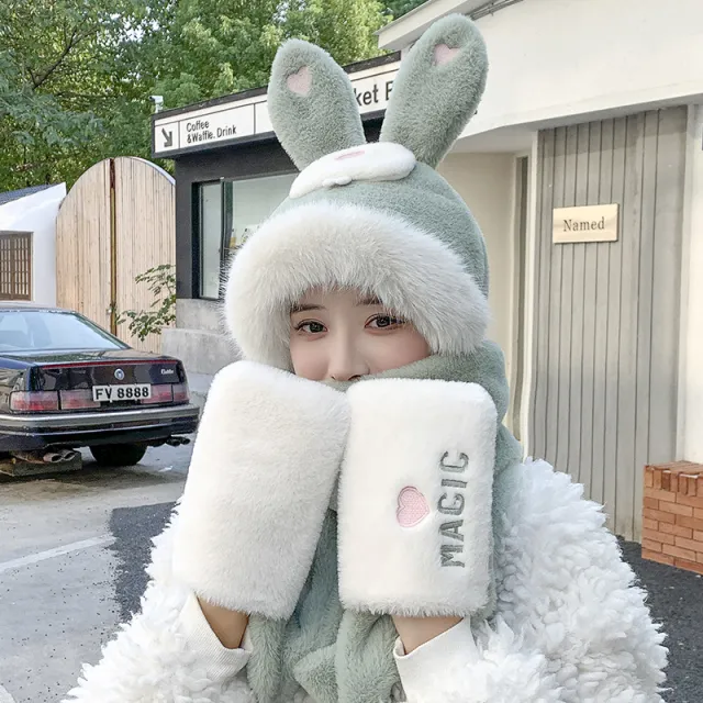 Cute Rabbit Ears Hat One Female Plush Bear Scarf Winter Warm Gloves Three piece Set Green - Shop at LoveMi