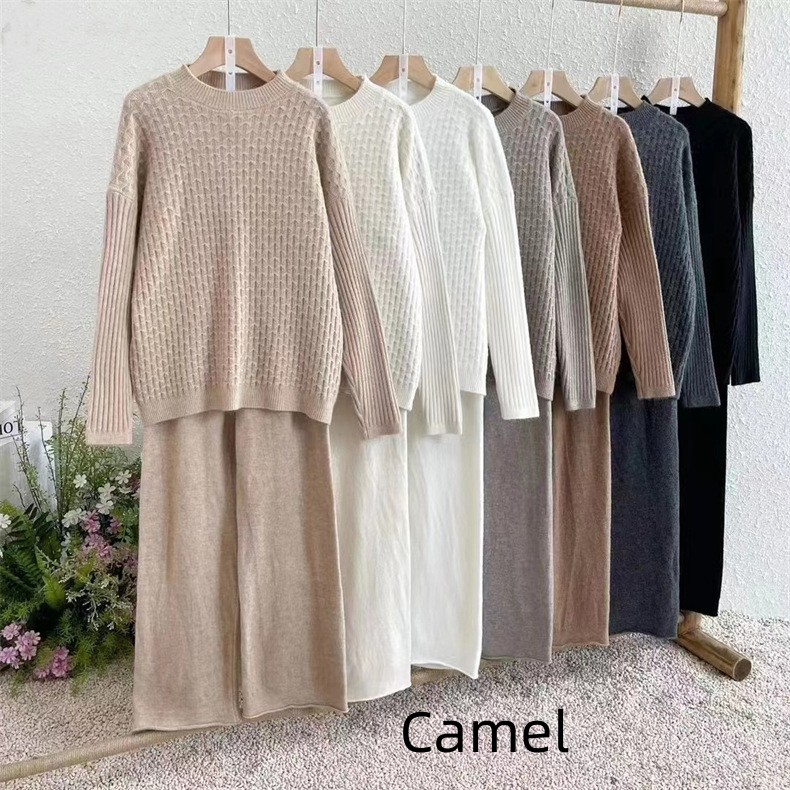 Women's Round Neck Sweater And Wide Leg Pants Two-piece Suit