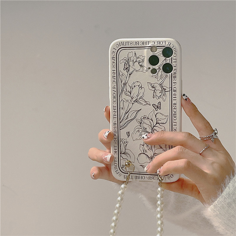 Ins Sketch Flower Pearl Chain Phone Case - Image 2