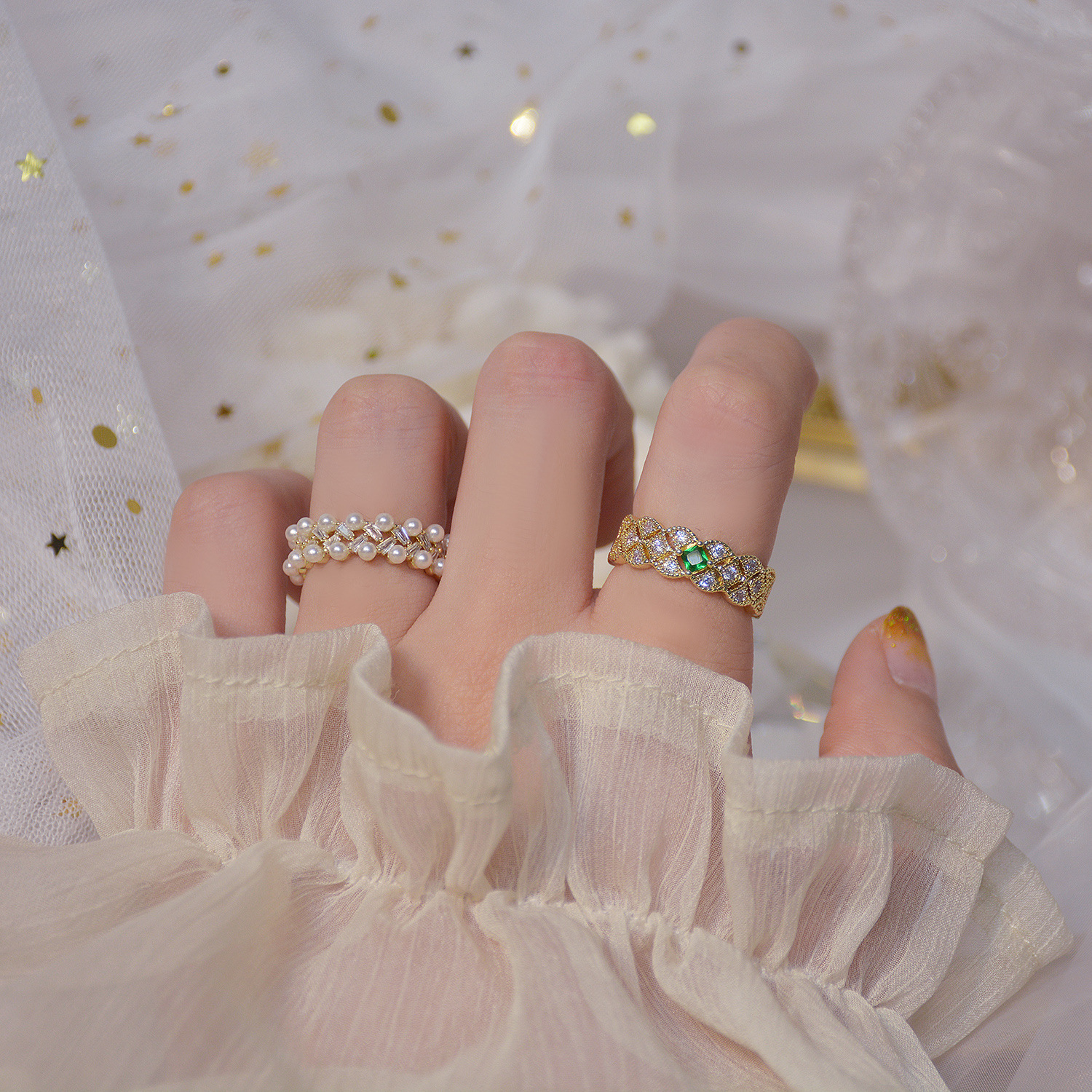 Zircon Pearl Temperament Ins Simple Emerald Diamond Design Female Ring