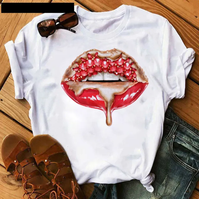 Poker Spades Sequin Lip Print Loose Short Sleeves 27089White - Shop at LoveMi