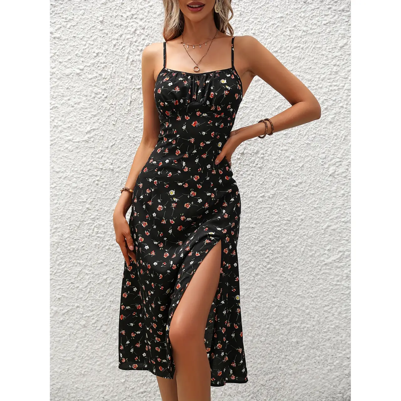 Polka Dot Print Suspender Dress Summer Sexy Split Long Dresses for Womens