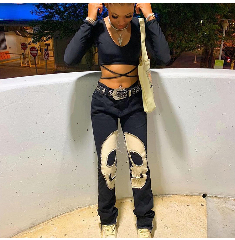 Women's High waisted Retro Skull Printed Jeans Black - Shop at LoveMi