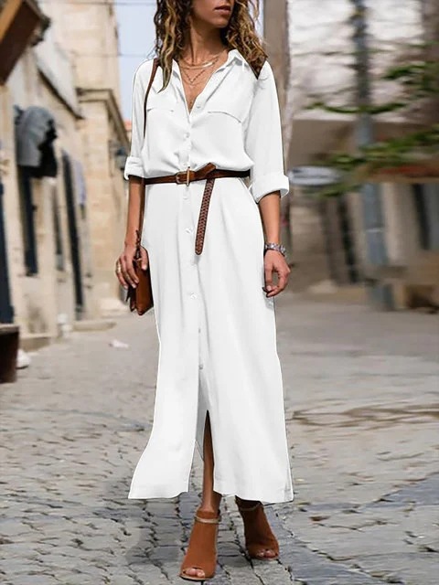 Fashion Loose Long-Sleeved Big Swing Shirt Long Skirt Without Belt