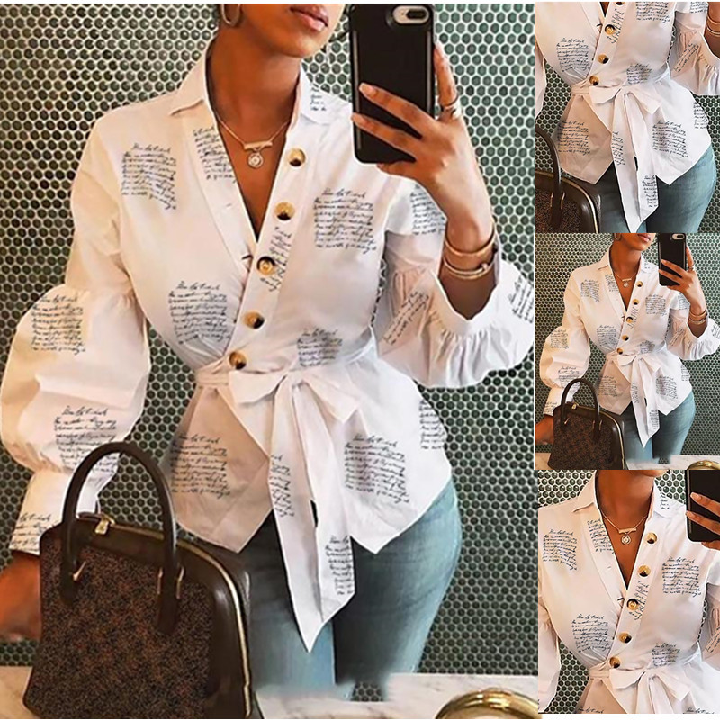Autumn Winter Long Sleeve V-Neck Lantern Sleeve Button Print Shirt