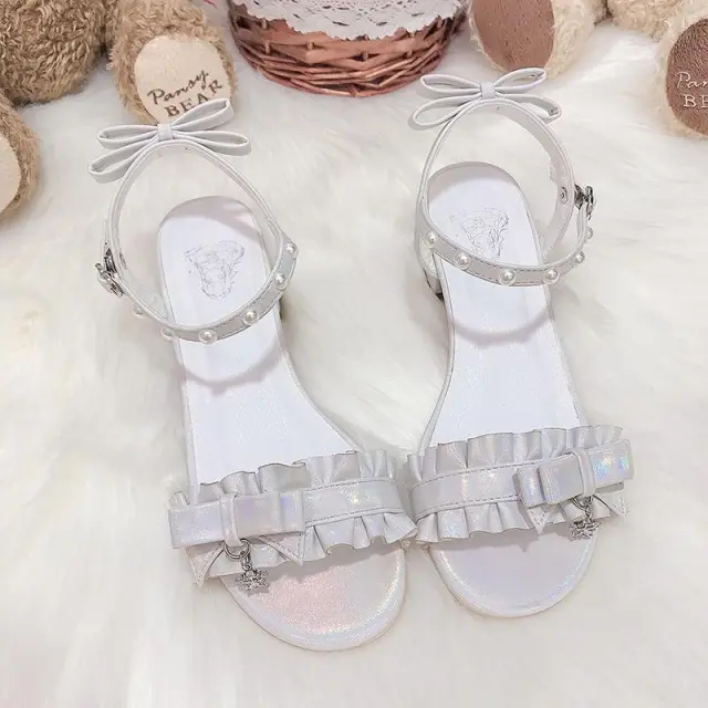 New Lolita Shoes Women's Sweet Pleated Lace Mid heel Lolita Sandals White - Shop at LoveMi