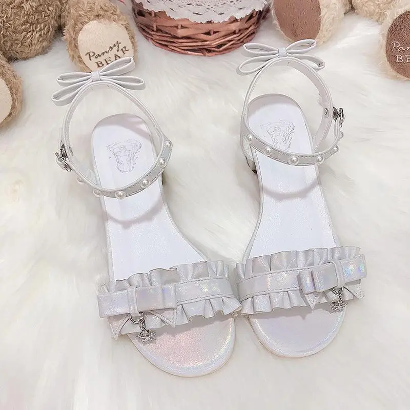 New Lolita Shoes Women's Sweet Pleated Lace Mid-heel Lolita Sandals - White