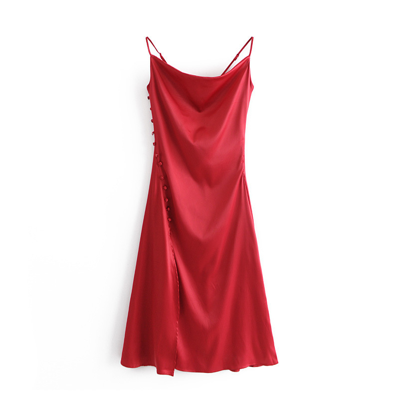 Solid Satin V-Neck Slim Sides Button Slit Dress