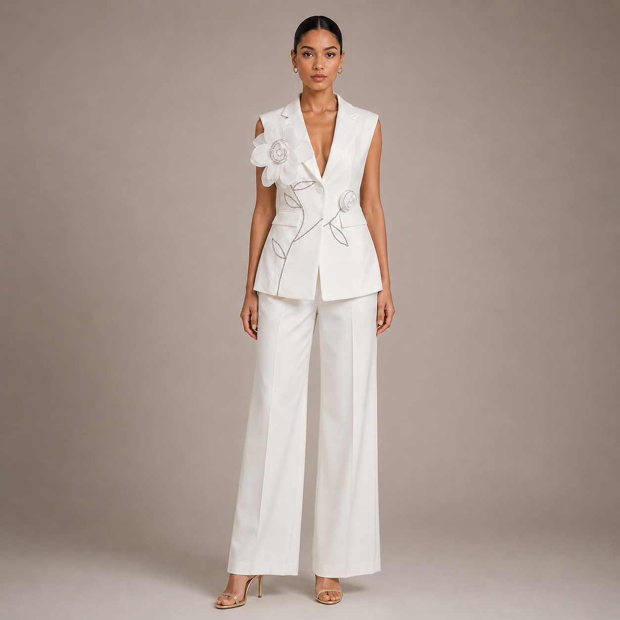 Tailored Sleeveless Blazer Vest & Wide Leg Trousers 2 Piece Floral Embroidery Suit Co-ord