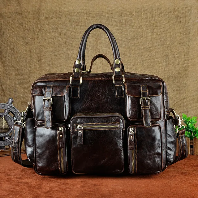 First Layer Cowhide Men's 16 inch Large capacity Briefcase Coffee - Shop at LoveMi