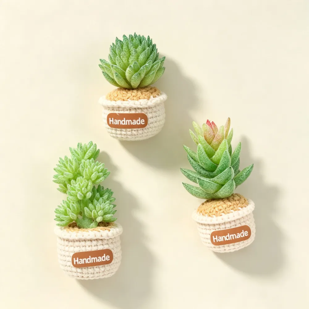 Handmade Crochet Potted Fridge Magnet Set With Artificial Succulent Green Plants Soft Yarn Crochet Flower Pot Indoor Home Magnetic Decoration Ornament