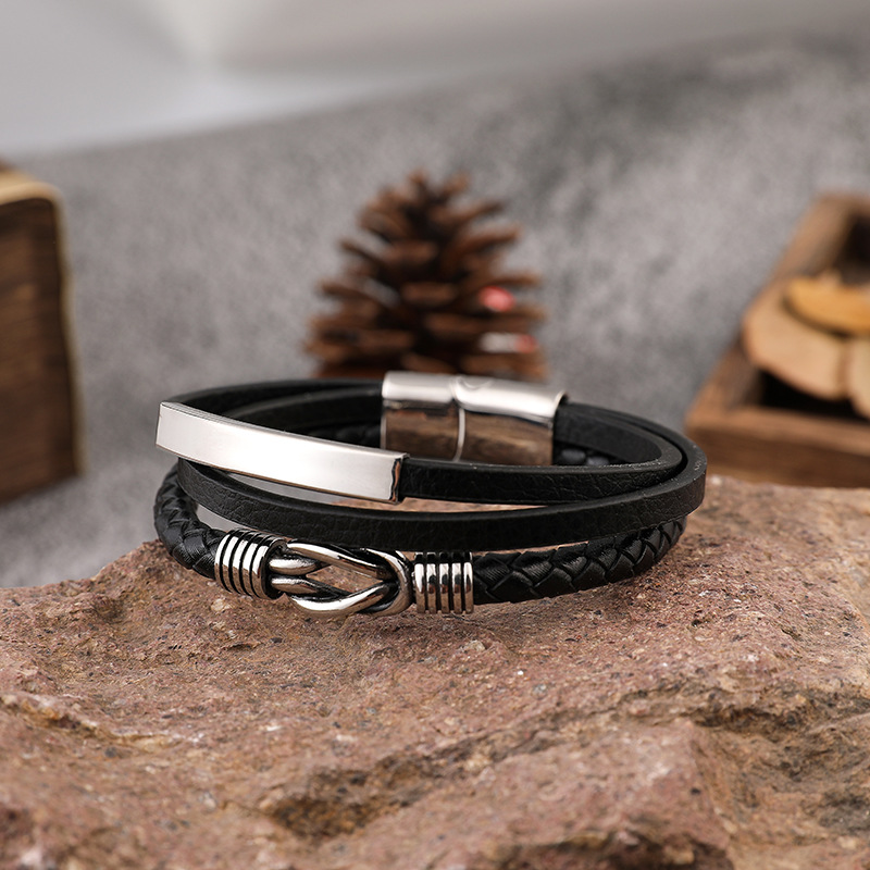 Title 3, Stainless Steel Leather Bracelet Multilayer Bra...