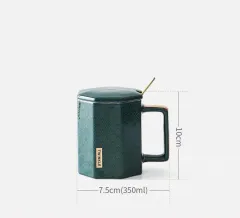 European Geometric Drawing Gold Ceramic Cup With Lid Spoon - Green - View 1