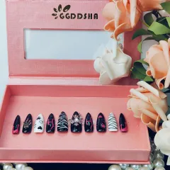 GGddsha Dark Series Pure Handmade Pressed Full StickMedium Almond Nails Hand Painted Designs ReusablePMMA Acrylic Press On Nails With Rhinestones F... - View 1