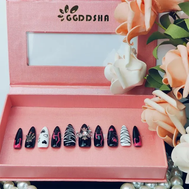 GGddsha Dark Series Pure Handmade Pressed Full StickMedium Almond Nails Hand Painted Designs ReusablePMMA Acrylic Press On Nails With Rhinestones F... - Shop at LoveMi