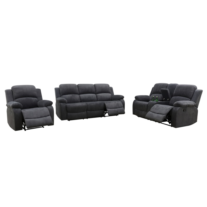 Pickup Only--Dark Grey Corduroy 3-Piece Living Room Recliner Sofa
