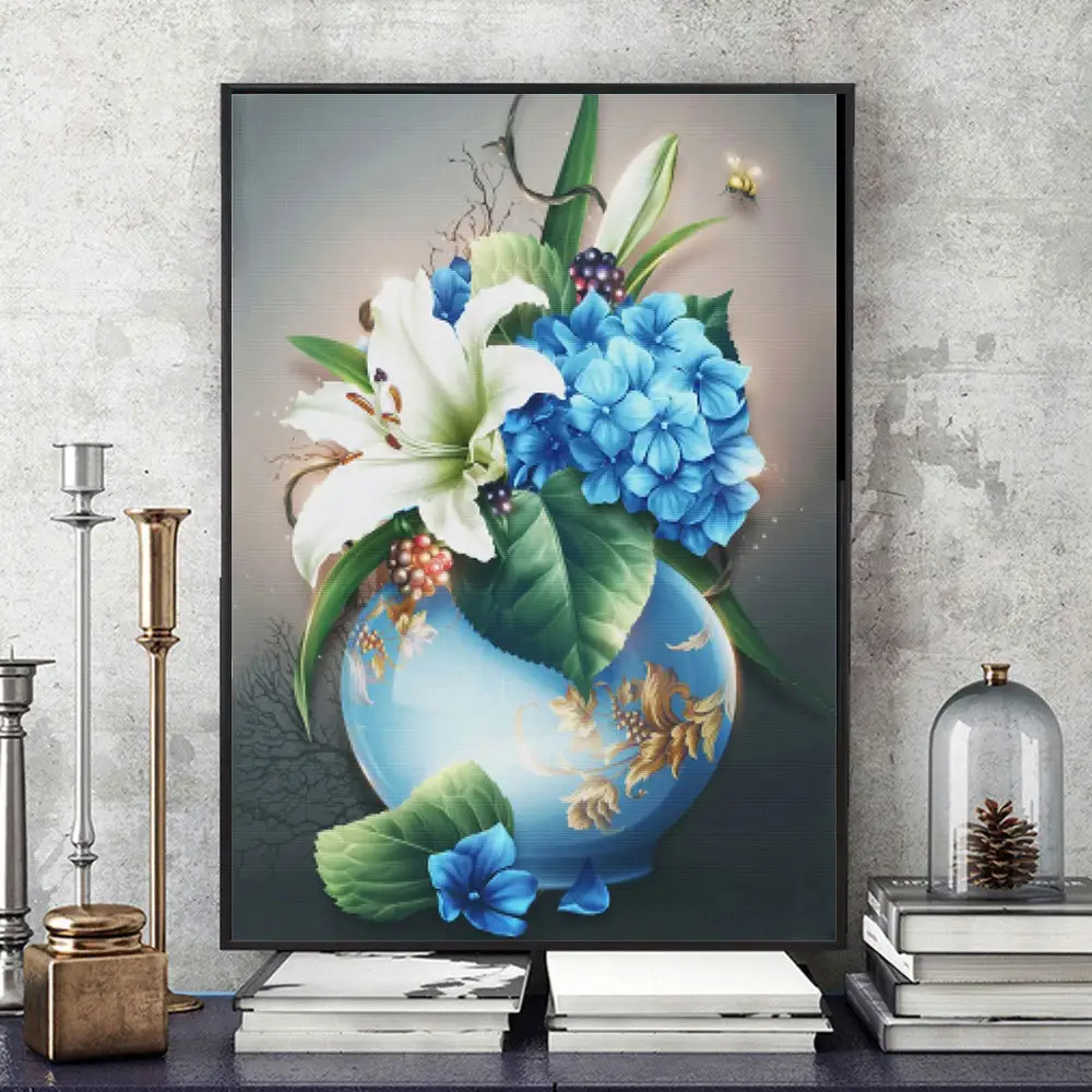 5D Square Round Diamond Painting, Flower Mosaic Vase
