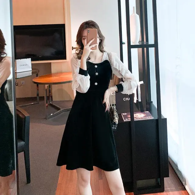 Chiffon Panel Velvet Dress For Women Black - Shop at LoveMi