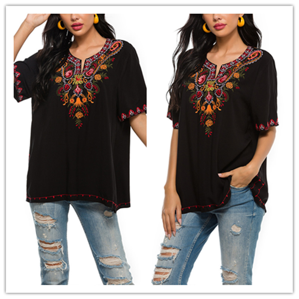 Women's Printed Loose Top  Embroidered Blouse