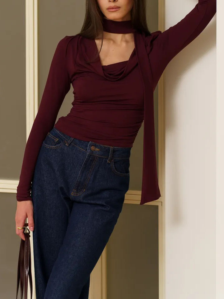 Ribbon V-neck Scarf Long-sleeved Base Shirt - Image 15