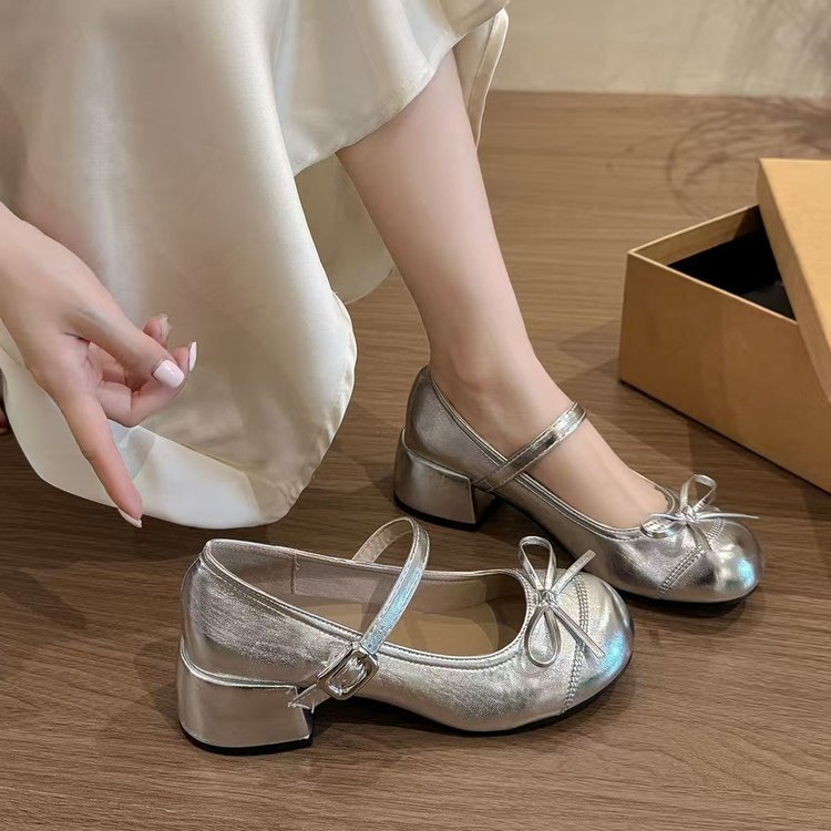 Silver Ballet Style Bow Flat Shoes For Women, New 2026 Spring Style, French Sweet Round Toe Mary Janes
