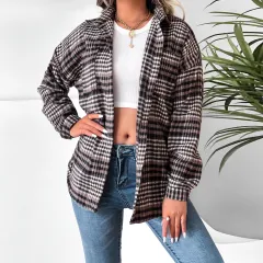 Plaid Shirt Lapel Doll Sleeve Top Dress - Brown - View 1