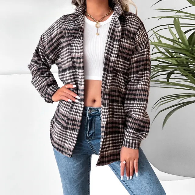 Plaid Shirt Lapel Doll Sleeve Top Dress Brown - Shop at LoveMi