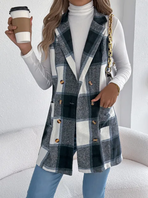 Women's Plaid Double-Breasted Pocket Tweed Long Vest