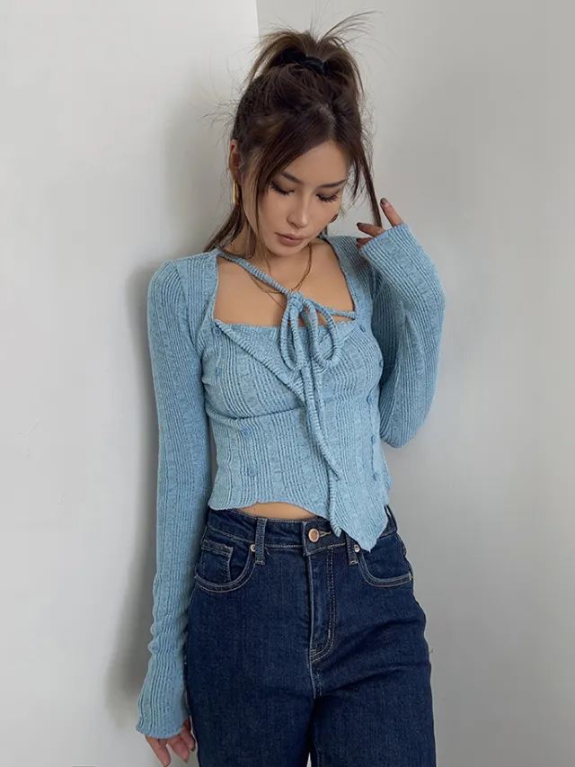 Women's Irregular Lace Up Long Sleeve Top Underlay Shirt Blue - Shop at LoveMi
