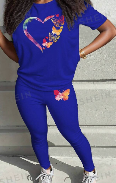Digital Printed Women's Round Neck T Shirt And Legging Set Blue - Shop at LoveMi