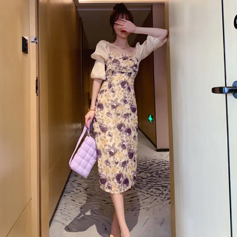 Square Neck Bubble Sleeve Dress Female