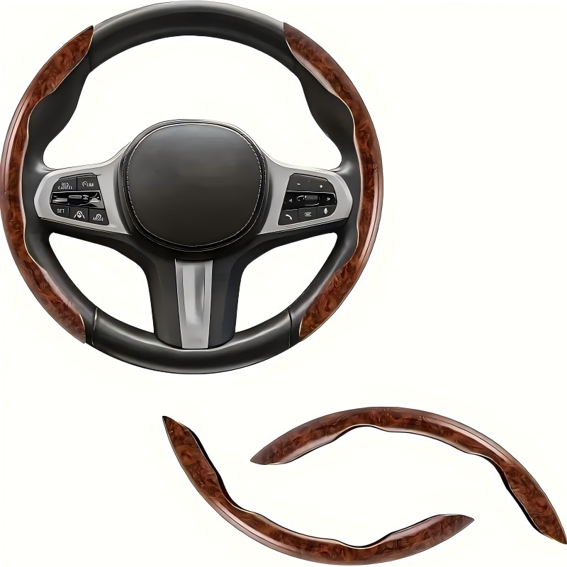 Car Wood Grain Steering Wheel Cover, Anti-Slip 2PCS Segmented Steering Wheel Protector, Anti-Skid Wheels Cover Universal Fit For Most Vehicles, Car Accessories For Women Men -Brown