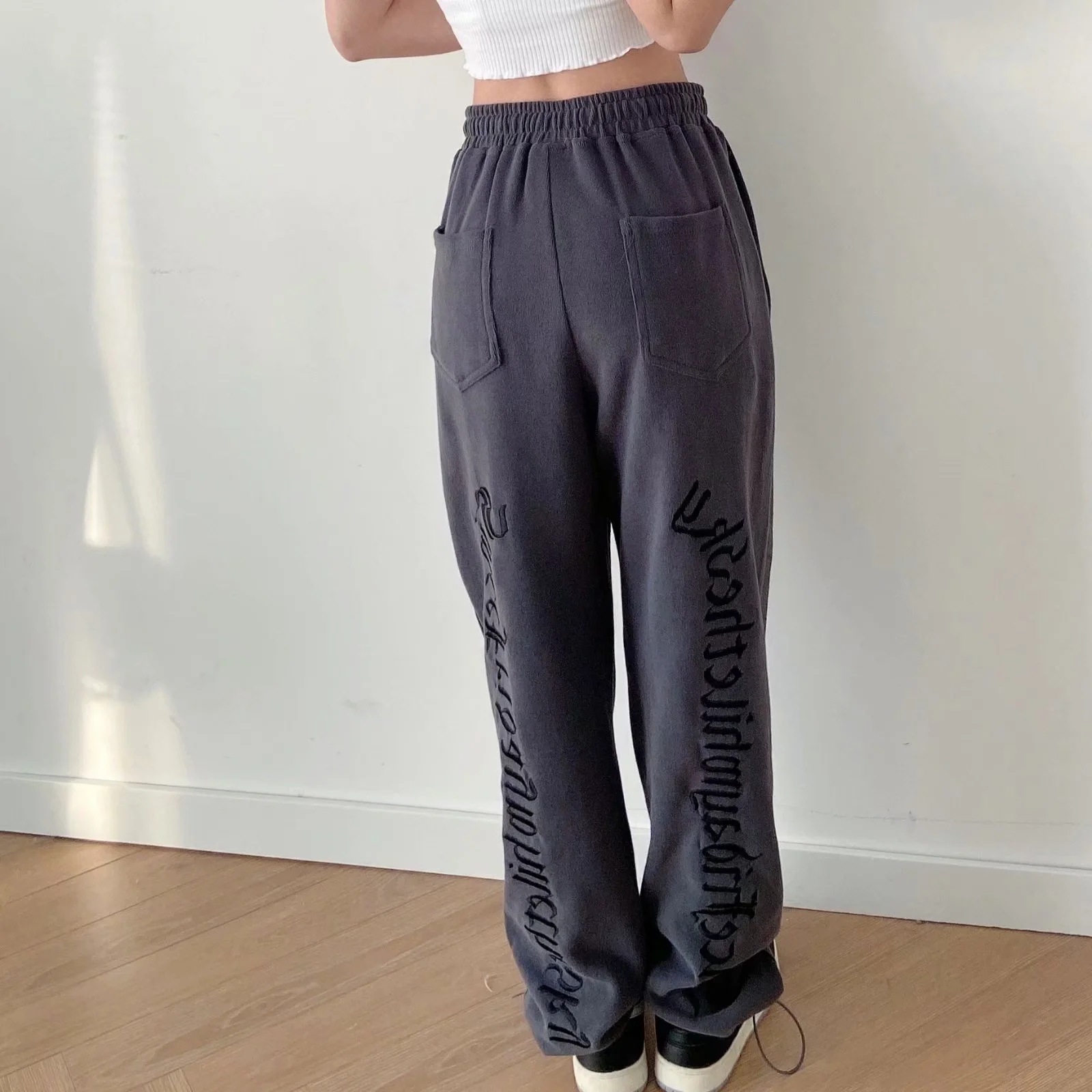 European And American Style Spring And Autumn New Letter Embroidery Sports Pants Women Black - Shop at LoveMi
