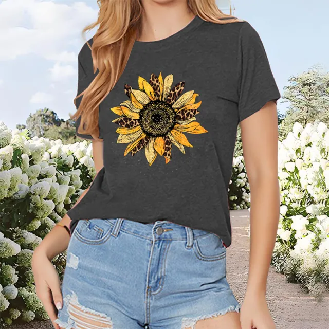 Women's Sunflower Print T Shirt Crew Neck Casual Short Sleeve Top Summer Fashion Gray - Shop at LoveMi