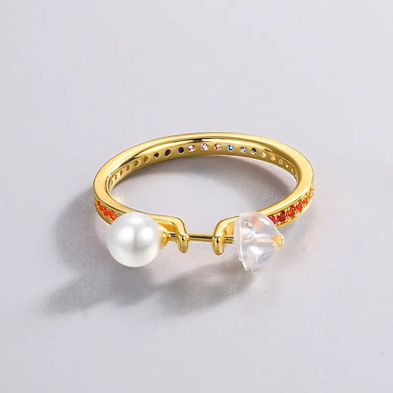 New S925 Silver Pearl Round Ring Earrings Full Inlaid Color Zirconium