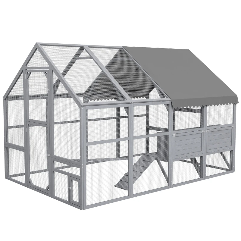 Large Chicken Coop With Nesting Box, Water-Resistant And Anti-UV Cover For 8-12 Chickens, Gray