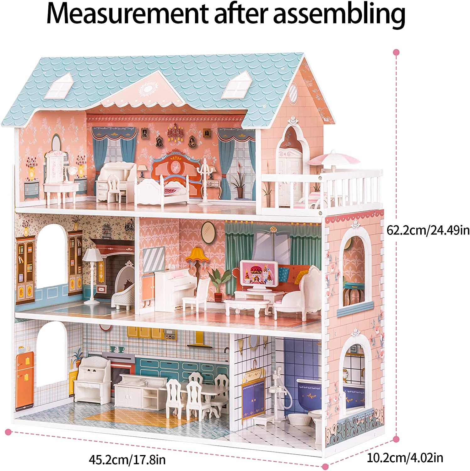 Wooden Dollhouse For Kids Girls Toy Gift. Features: Dreamhouse Dollhouse with Furniture & Accessories Features, Girl's dream dollhouse-Realistic Design and fun game experience, The interior is very colorful and illustrated with much detail, Sturdy and dur