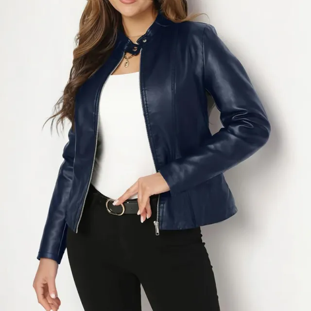 Women's Solid Color Long Sleeve Stand Collar Faux Leather Blazer Single Button Zippered Jacket For Fall&Winter Navy - Shop at LoveMi