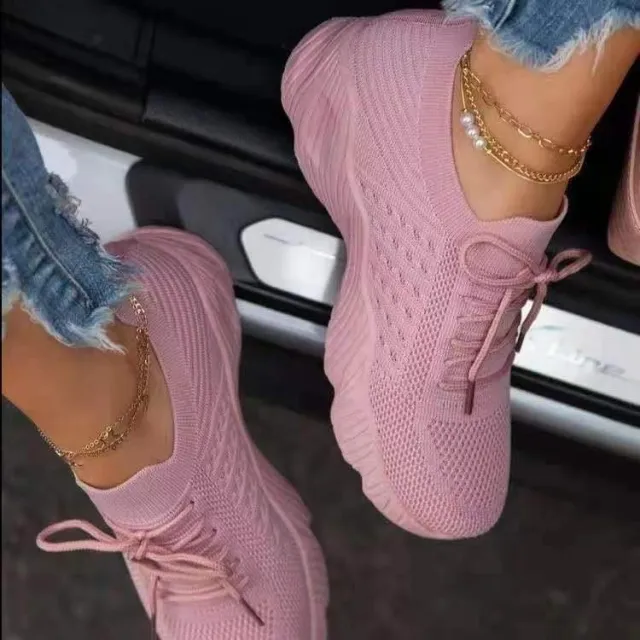 Tennis Female Fashion Women Large Size Platform Solid Color Lace up Flying Knitted Sneakers Outdoor Walking Shoes Pink - Shop at LoveMi