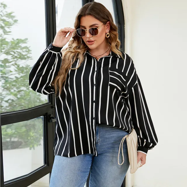 Commuter Relaxed Autumn And Winter Lapel Striped Shirt Black - Shop at LoveMi