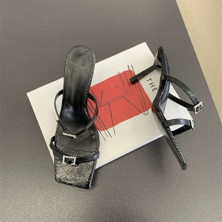 2025 Summer Women's Black Square Toe Thin Heel Open Toe Sandals Casual Versatile High Heels