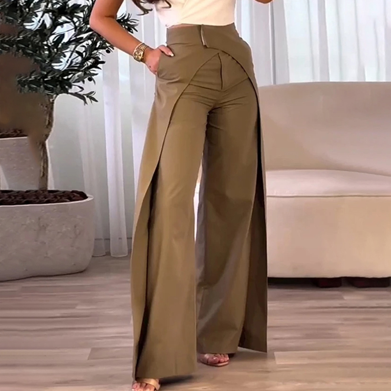 Women's Solid Color High Waisted Wide Leg Pants With Crossover Design Pockets Casual Spring & Fall Trousers Brown - Shop at LoveMi