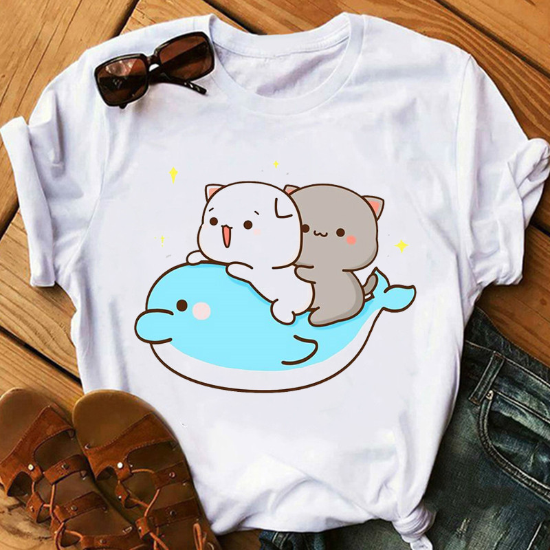 Title 16, Cute Cartoon Cat Print Couple White T-shirt Loo...