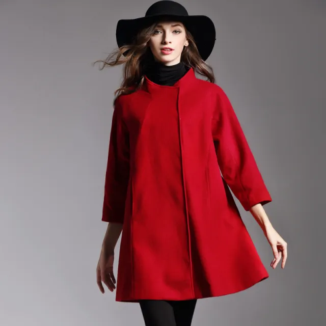 Loose Large Size Cloak Woolen Coat And Long Woolen Coat Wine Red - Shop at LoveMi
