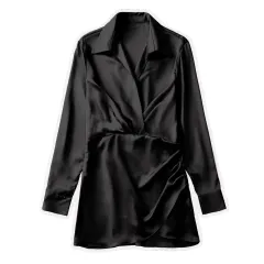 European And American Style Silk Satin Texture Waist Shirt Dress - Black - View 1
