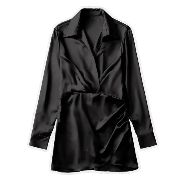 European And American Style Silk Satin Texture Waist Shirt Dress Black - Shop at LoveMi